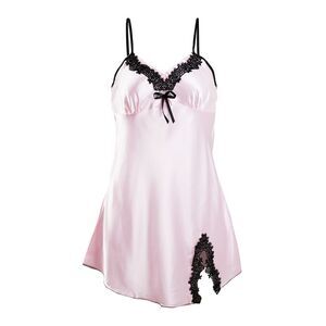 Satin Lace Trim Sleepwear Sexy Nightgown Pajama Slip Dress Pink-floral